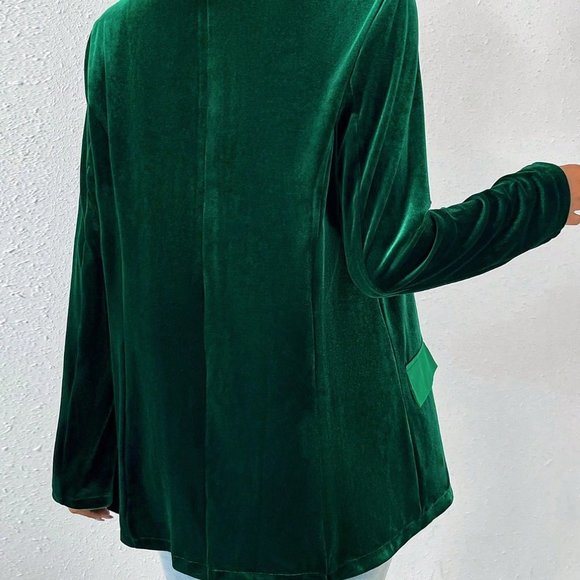 Green Elegant Womens Shawl Collar Open Front Velvet Blazer - Picture 5 of 5